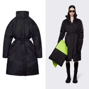 RAINS Manteau Long Padded Nylon W 15500 Black Trench Belted Rain Coat Sz L NWT